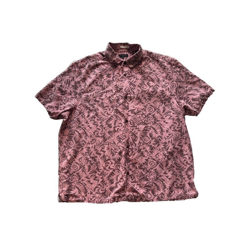 Ted Baker Shirt Mens 5 Large Floral Hawaiian Pink Brown‎ Beach Button Down Short
